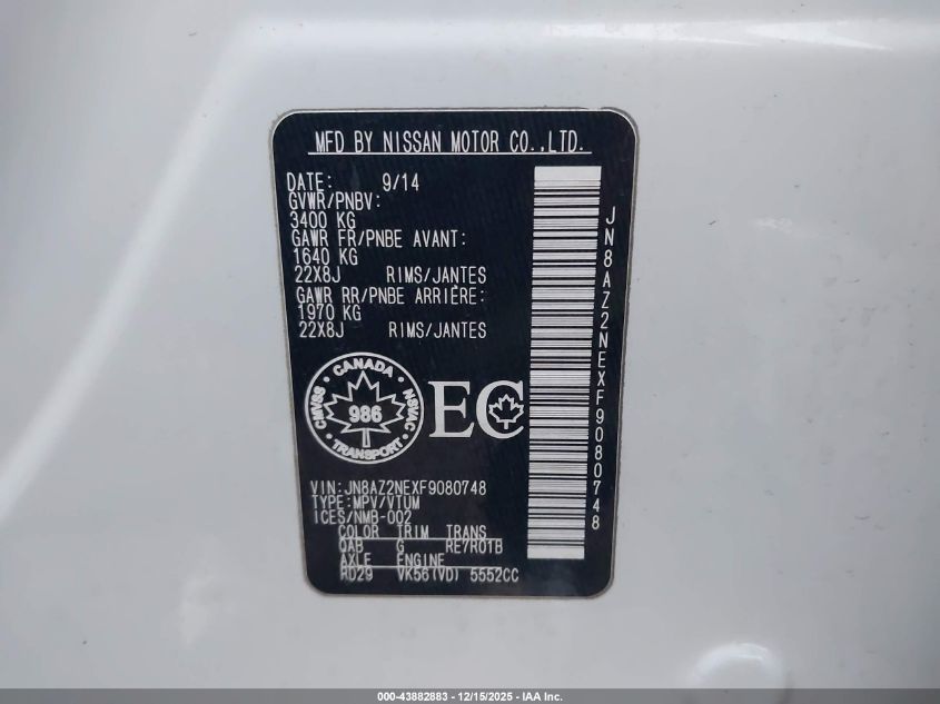 2015 Infiniti Qx80 Limited VIN: JN8AZ2NEXF9080748 Lot: 43882883