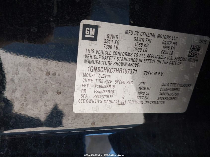 2017 Chevrolet Suburban Lt VIN: 1GNSCHKC7HR187371 Lot: 43882892