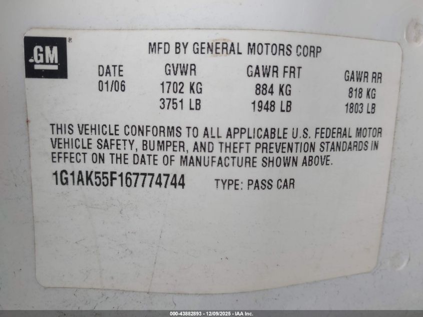 2006 Chevrolet Cobalt Ls VIN: 1G1AK55F167774744 Lot: 43882893