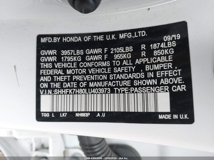 2020 Honda Civic Ex-L VIN: SHHFK7H80LU403973 Lot: 43882895