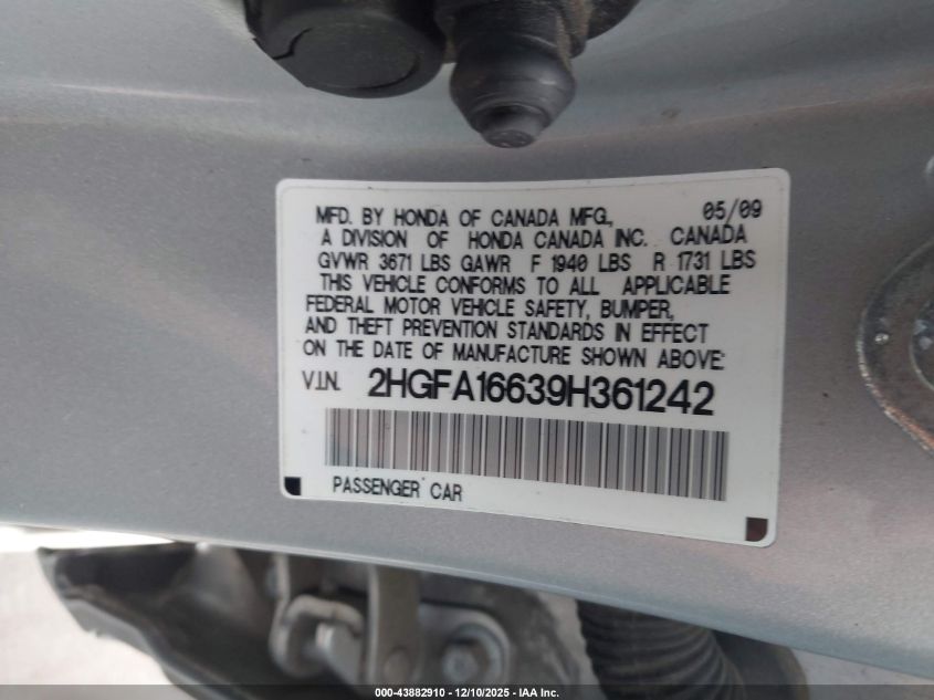 2009 Honda Civic Lx-S VIN: 2HGFA16639H361242 Lot: 43882910