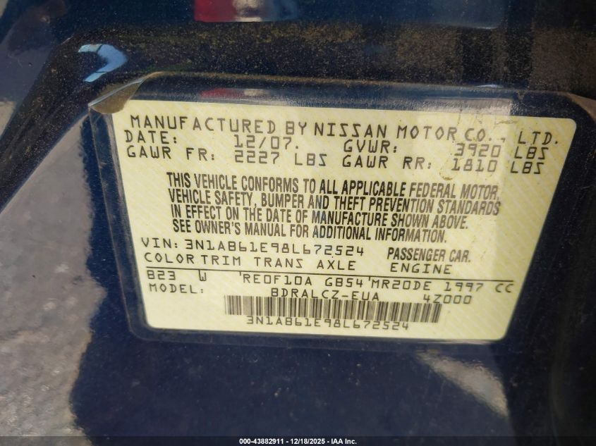 2008 Nissan Sentra 2.0 VIN: 3N1AB61E98L672524 Lot: 43882911