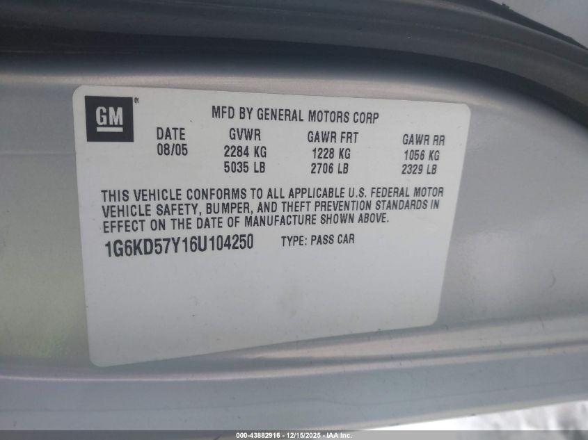 2006 Cadillac Dts Standard VIN: 1G6KD57Y16U104250 Lot: 43882916