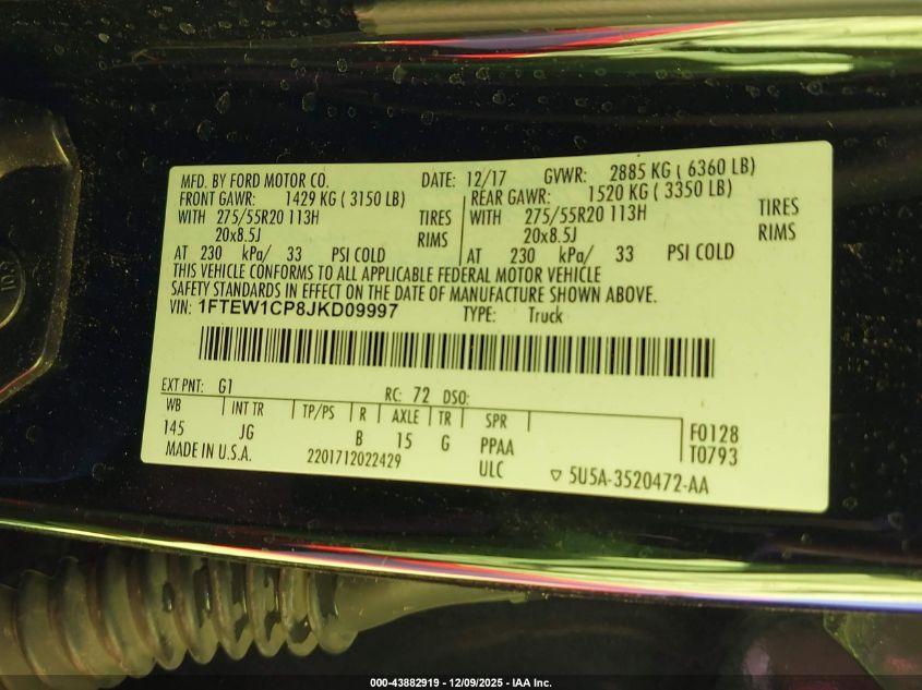2018 Ford F-150 Xl VIN: 1FTEW1CP8JKD09997 Lot: 43882919