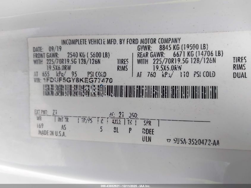 2019 Ford F-550 Chassis Xl VIN: 1FDUF5GY8KEG77470 Lot: 43882921