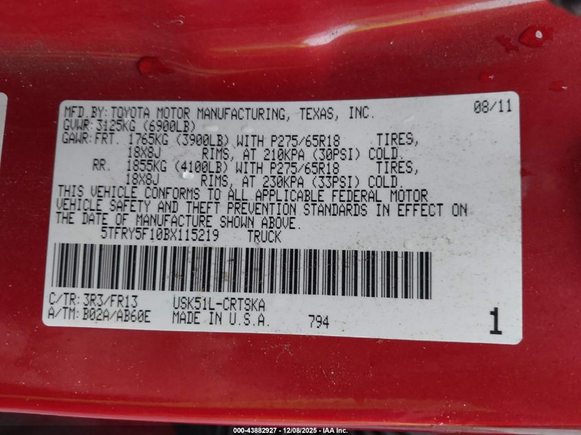 2011 Toyota Tundra Grade 5.7L V8 VIN: 5TFRY5F10BX115219 Lot: 43882927