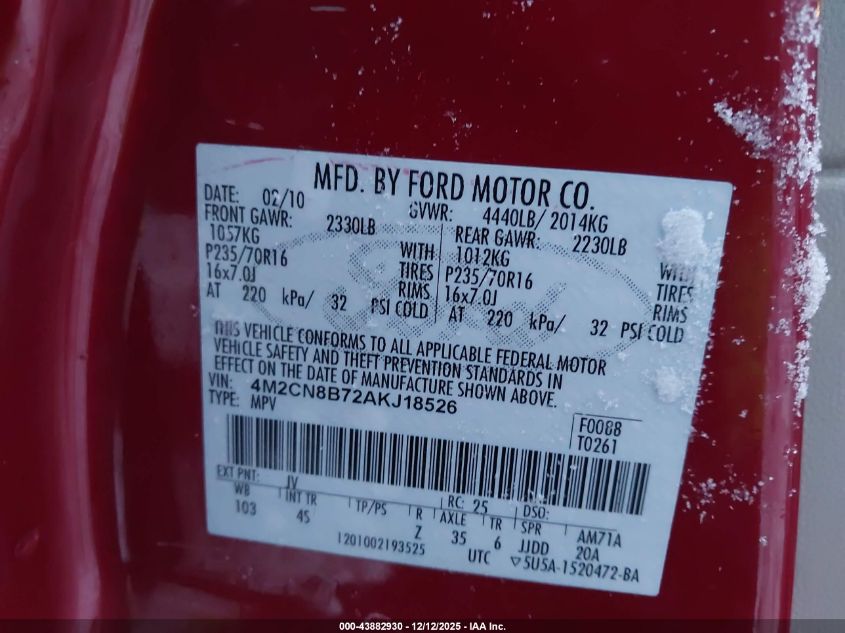 2010 Mercury Mariner VIN: 4M2CN8B72AKJ18526 Lot: 43882930