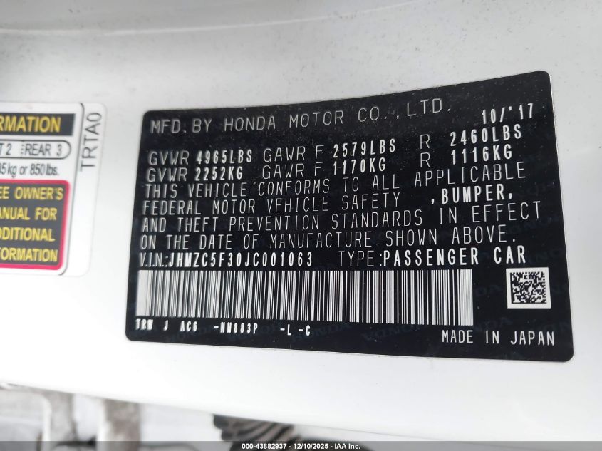 2018 Honda Clarity Plug-In Hybrid Touring VIN: JHMZC5F30JC001063 Lot: 43882937