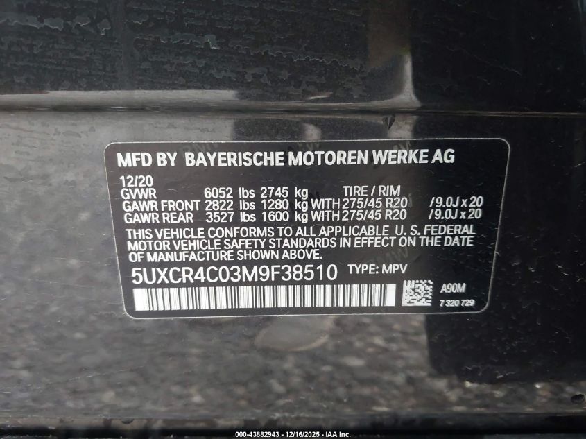 2021 BMW X5 Sdrive40I VIN: 5UXCR4C03M9F38510 Lot: 43882943