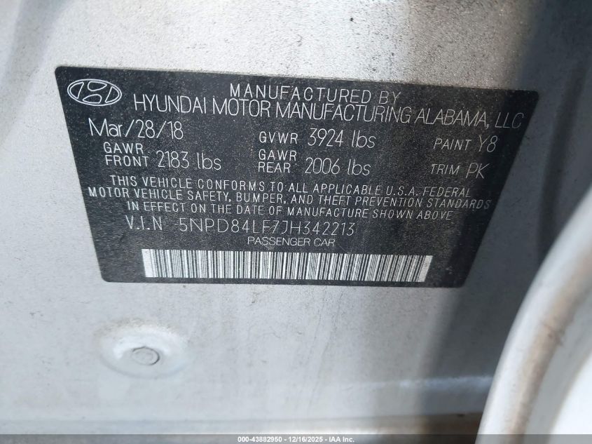 2018 Hyundai Elantra Sel VIN: 5NPD84LF7JH342213 Lot: 43882950