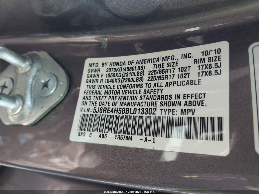 2011 Honda Cr-V Ex VIN: 5J6RE4H58BL013302 Lot: 43882955