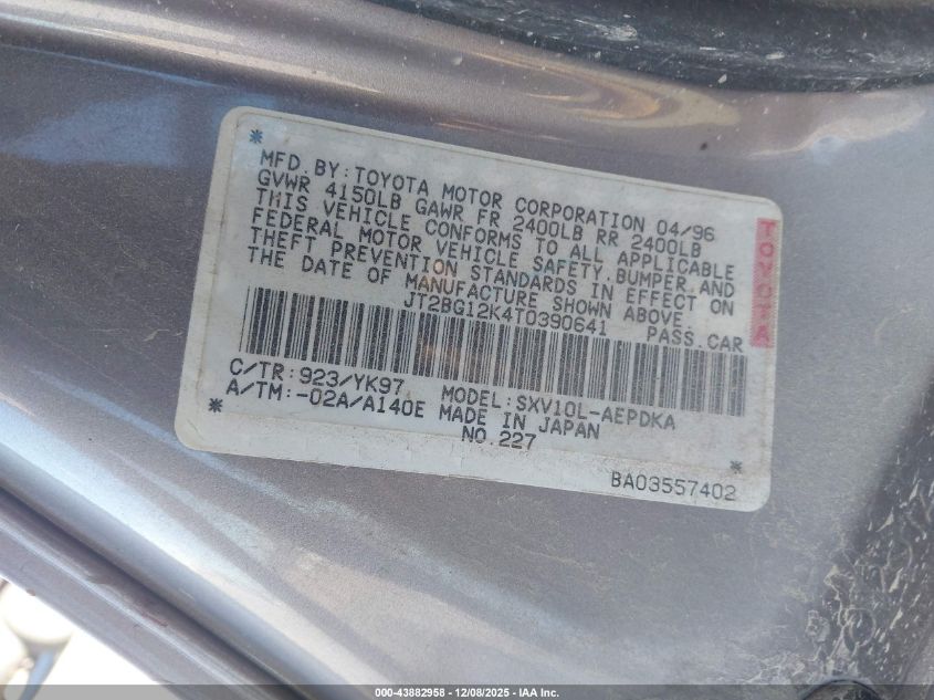 1996 Toyota Camry Dx/Le/Xle VIN: JT2BG12K4T0390641 Lot: 43882958