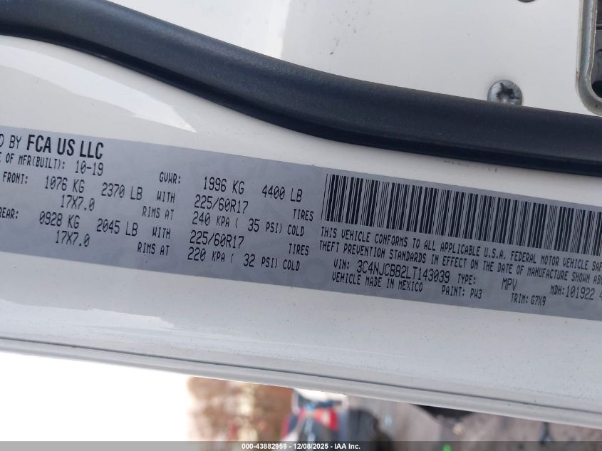 2020 Jeep Compass Sun And Wheel Fwd VIN: 3C4NJCBB2LT143039 Lot: 43882959