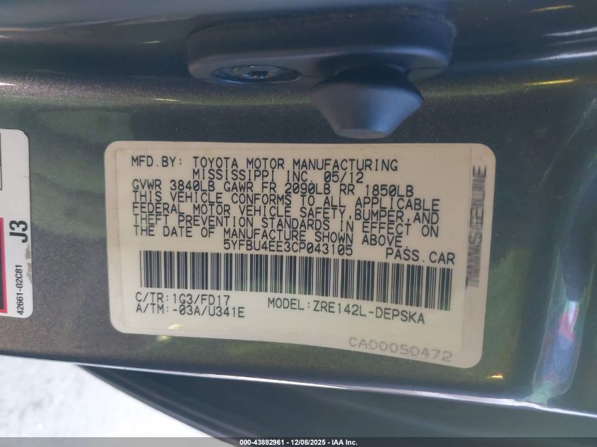 2012 Toyota Corolla S VIN: 5YFBU4EE3CP043105 Lot: 43882961