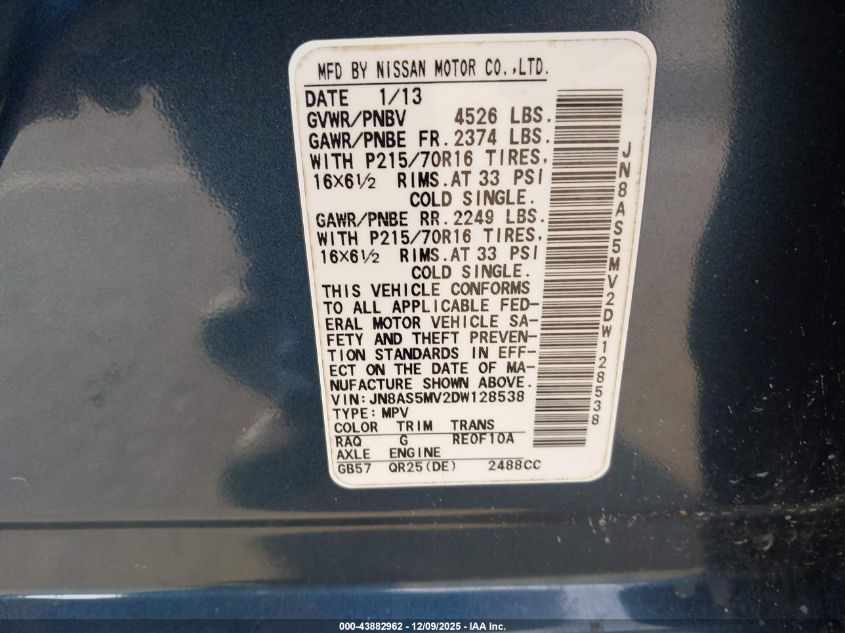 2013 Nissan Rogue S VIN: JN8AS5MV2DW128538 Lot: 43882962