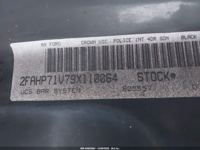 2009 Ford Crown Victoria Police/Police Interceptor VIN: 2FAHP71V79X110064 Lot: 43882963
