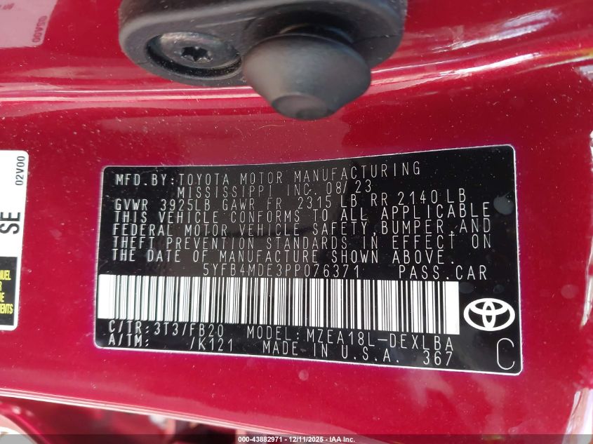 2023 Toyota Corolla Le VIN: 5YFB4MDE3PP076371 Lot: 43882971