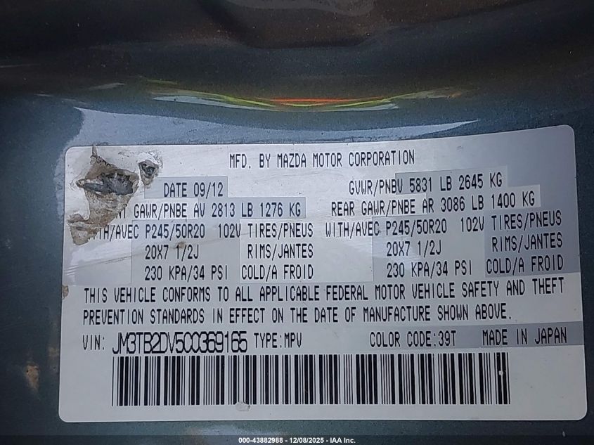 2012 Mazda Cx-9 Grand Touring VIN: JM3TB2DV5C0369165 Lot: 43882988