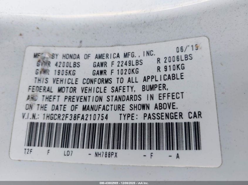 2015 Honda Accord Lx VIN: 1HGCR2F38FA210754 Lot: 43882989