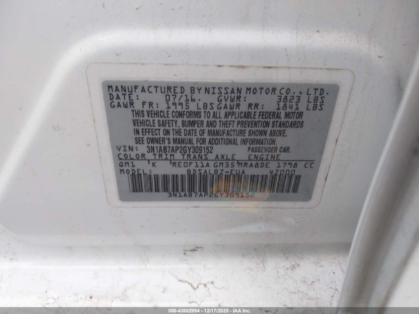 2016 Nissan Sentra S VIN: 3N1AB7AP2GY309152 Lot: 43882994