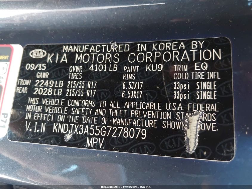 2016 Kia Soul ! VIN: KNDJX3A55G7278079 Lot: 43882995
