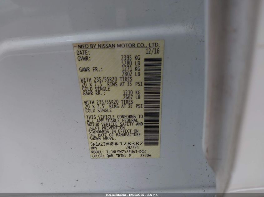 2017 Nissan Murano Platinum VIN: 5N1AZ2MH8HN128387 Lot: 43883003