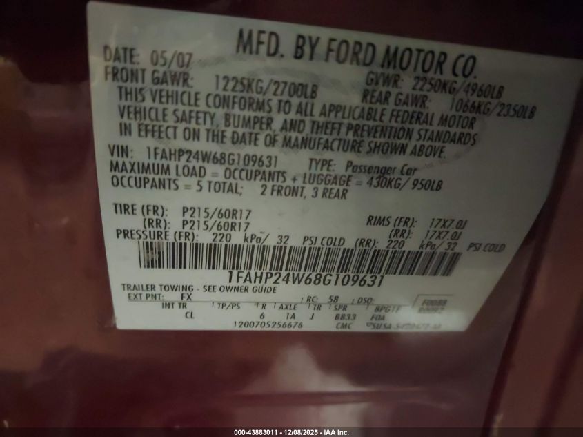 2008 Ford Taurus Sel VIN: 1FAHP24W68G109631 Lot: 43883011