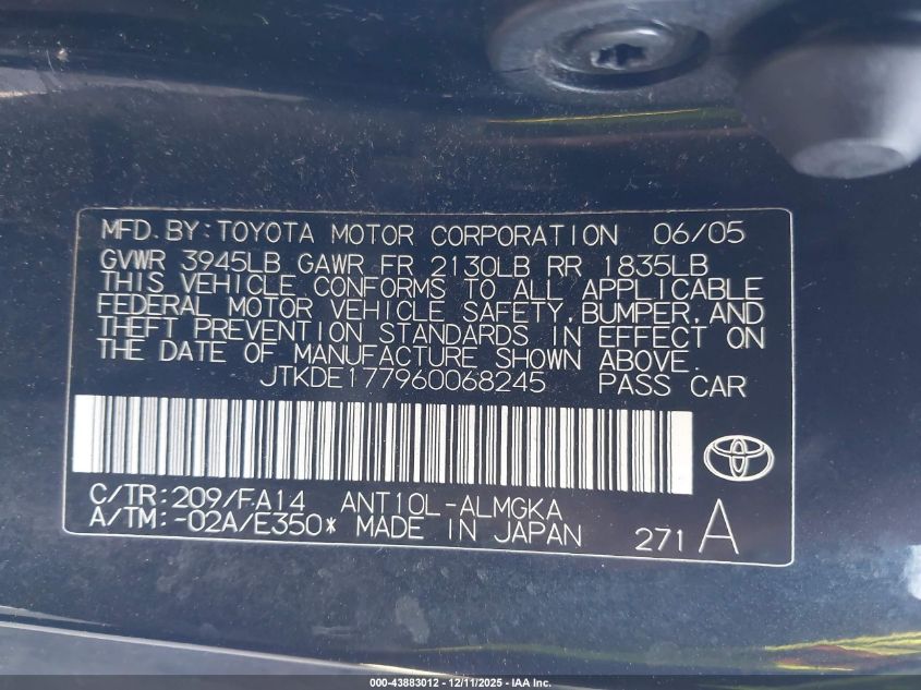 2006 Scion Tc VIN: JTKDE177960068245 Lot: 43883012