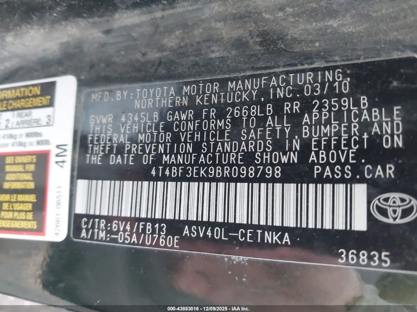 2011 Toyota Camry Le VIN: 4T4BF3EK9BR098798 Lot: 43883016