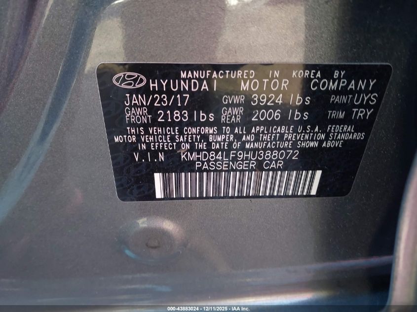 2017 Hyundai Elantra Value Edition VIN: KMHD84LF9HU388072 Lot: 43883024