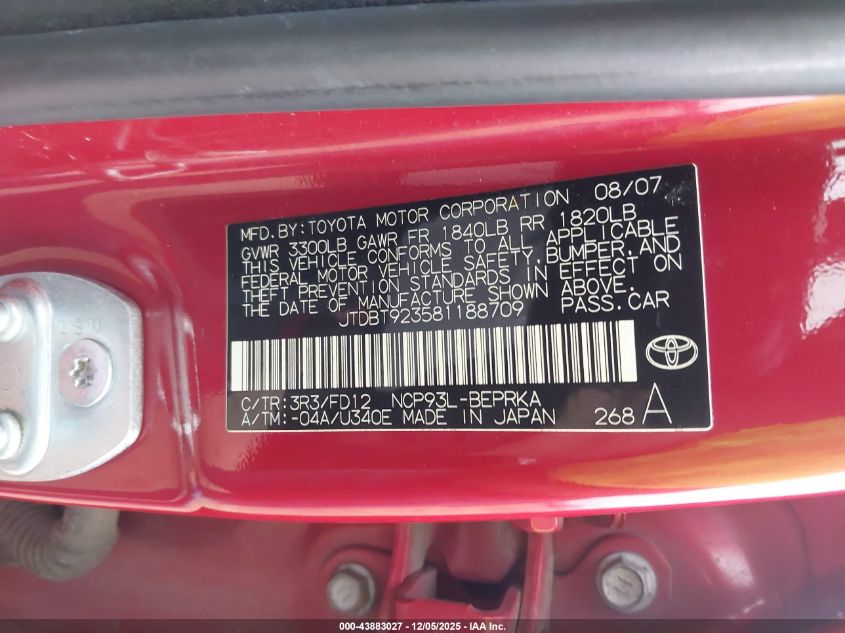 2008 Toyota Yaris S VIN: JTDBT923581188709 Lot: 43883027
