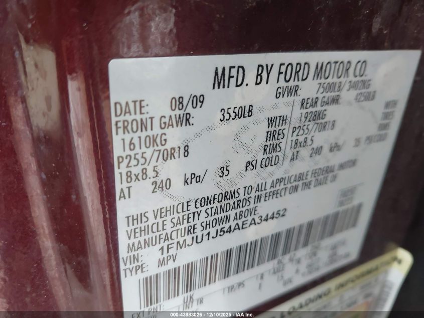 2010 Ford Expedition Eddie Bauer/King Ranch VIN: 1FMJU1J54AEA34452 Lot: 43883026