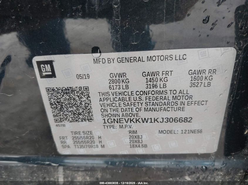 2019 Chevrolet Traverse Premier VIN: 1GNEVKKW1KJ306682 Lot: 43883035