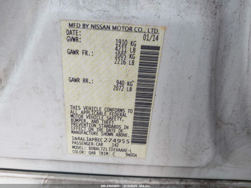 2014 Nissan Altima 2.5 Sv VIN: 1N4AL3AP8EC274955 Lot: 43883050