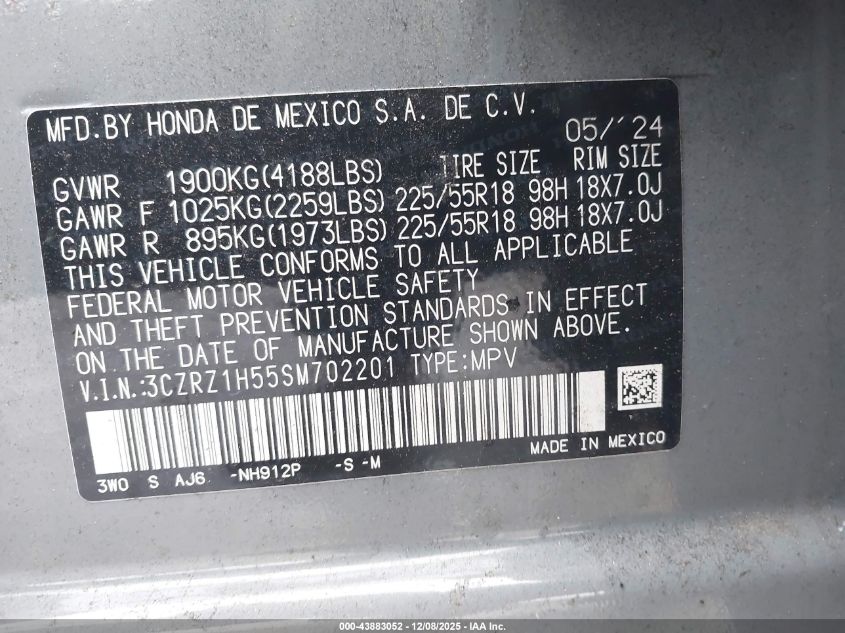 2025 Honda Hr-V 2Wd Sport VIN: 3CZRZ1H55SM702201 Lot: 43883052