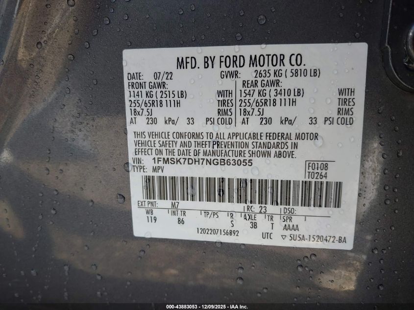 2022 Ford Explorer Xlt VIN: 1FMSK7DH7NGB63055 Lot: 43883053