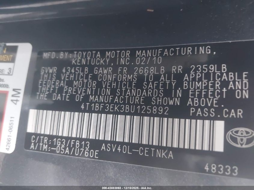 2011 Toyota Camry Le VIN: 4T1BF3EK3BU125892 Lot: 43883068