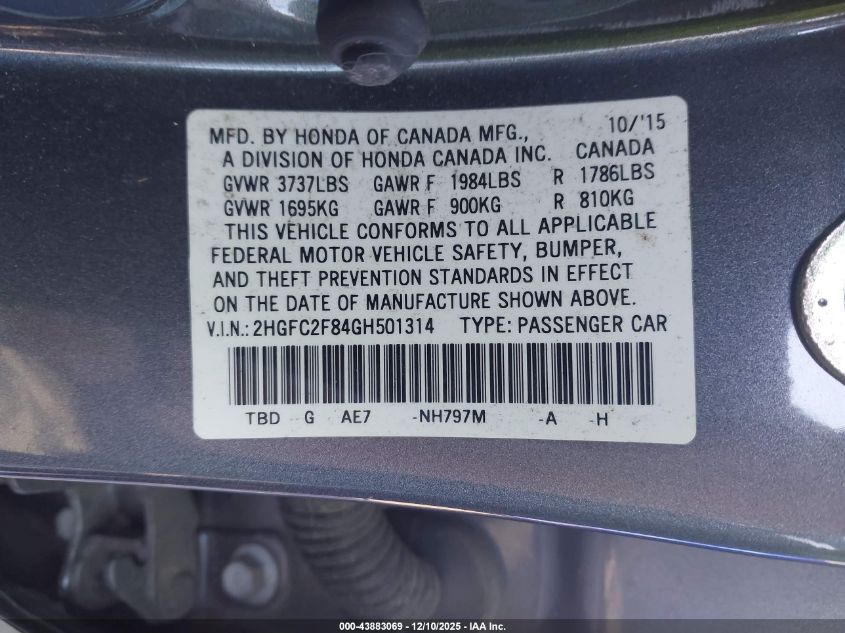 2016 Honda Civic Ex VIN: 2HGFC2F84GH501314 Lot: 43883069