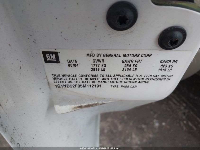 2005 Chevrolet Classic VIN: 1G1ND52F85M112191 Lot: 43883071