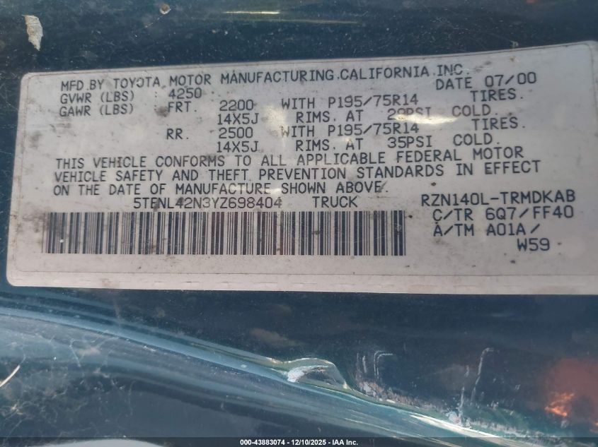 2000 Toyota Tacoma VIN: 5TENL42N3YZ698404 Lot: 43883074