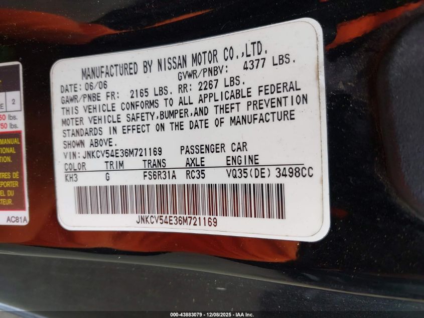 2006 Infiniti G35 VIN: JNKCV54E36M721169 Lot: 43883079