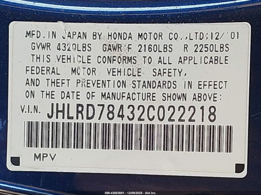2002 Honda Cr-V Lx VIN: JHLRD78432C022218 Lot: 43883081