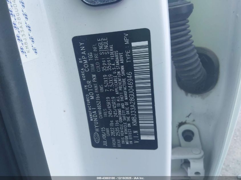 2016 Hyundai Tucson Sport VIN: KM8J33A28GU046946 Lot: 43883108