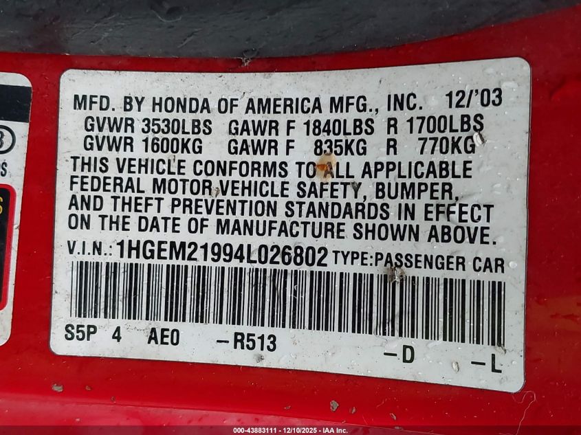 2004 Honda Civic Ex VIN: 1HGEM21994L026802 Lot: 43883111