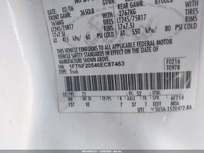 2006 Ford F-250 VIN: 1FTNF20546EC87463 Lot: 43883121