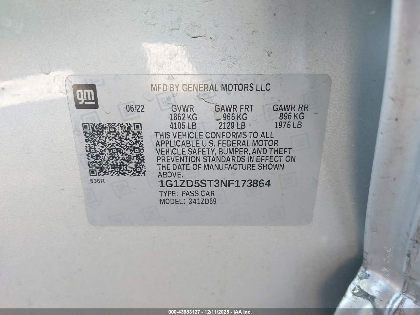 2022 Chevrolet Malibu Fwd Lt VIN: 1G1ZD5ST3NF173864 Lot: 43883127