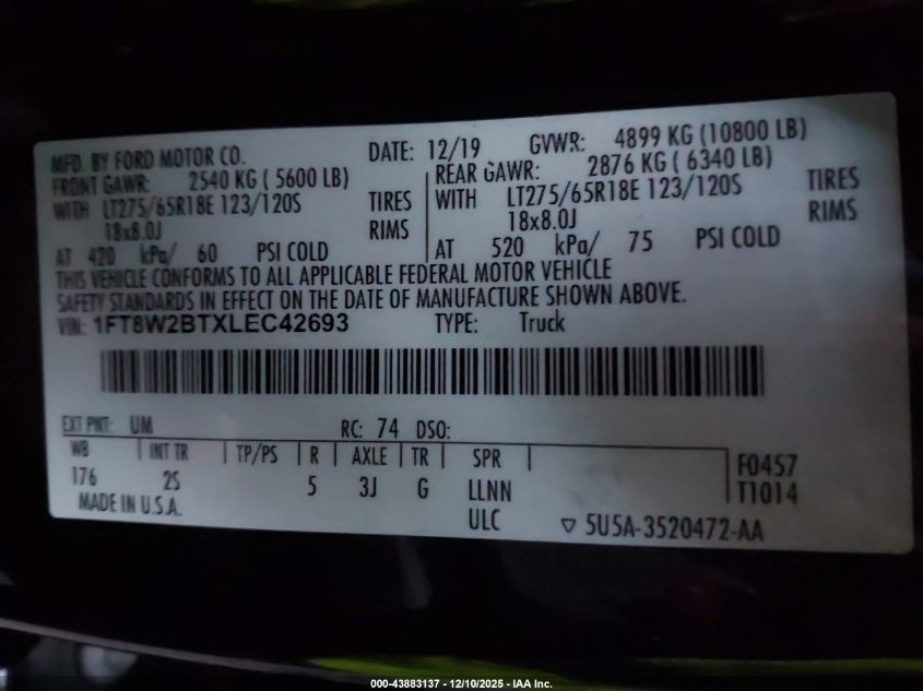 2020 Ford F-250 Xlt VIN: 1FT8W2BTXLEC42693 Lot: 43883137