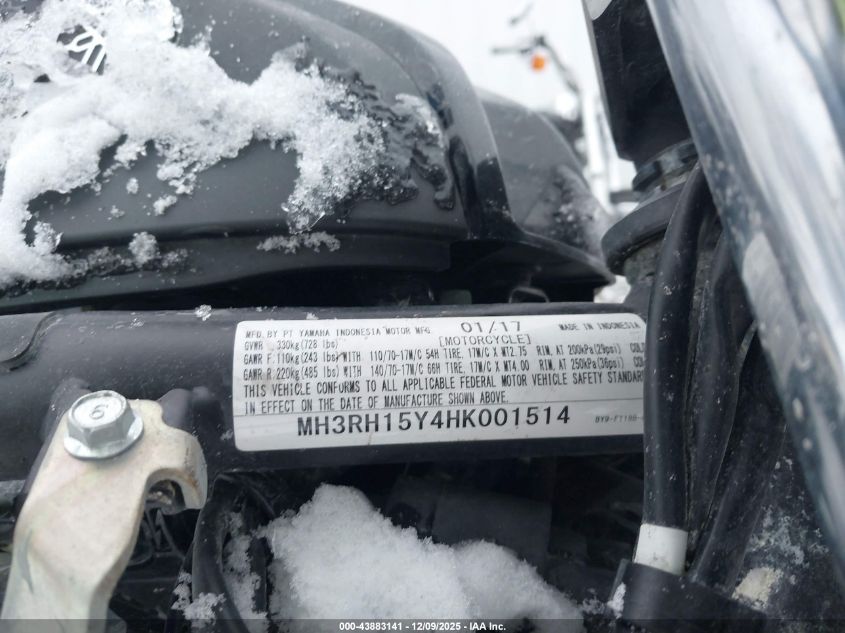 2017 Yamaha Yzfr3 A VIN: MH3RH15Y4HK001514 Lot: 43883141