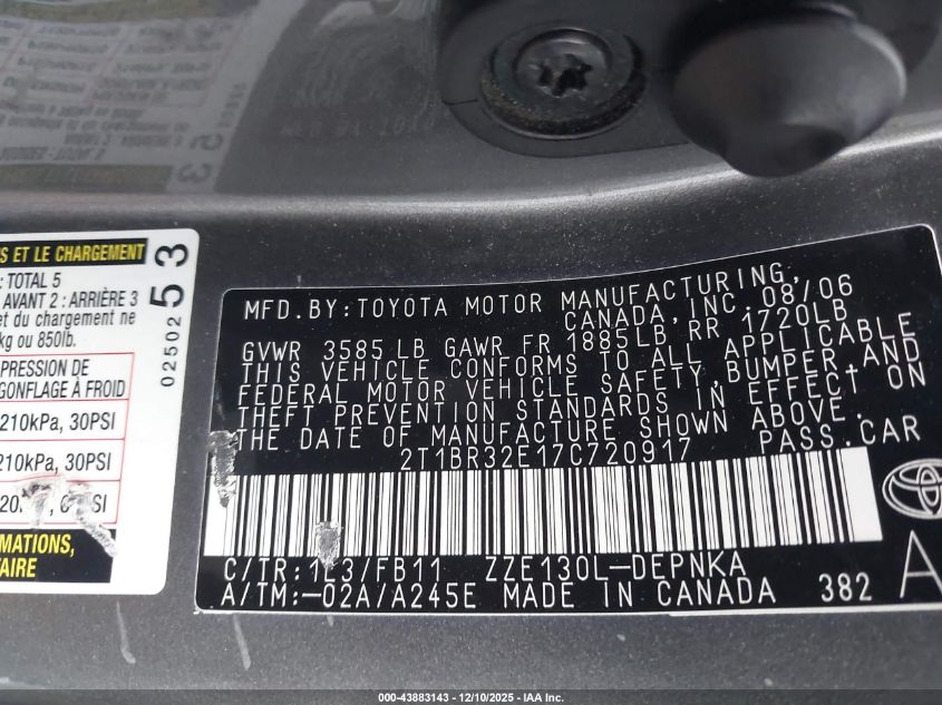 2007 Toyota Corolla Le VIN: 2T1BR32E17C720917 Lot: 43883143