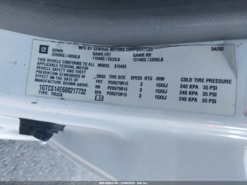 2008 GMC Canyon Yc1 VIN: 1GTCS14E688217732 Lot: 43883145